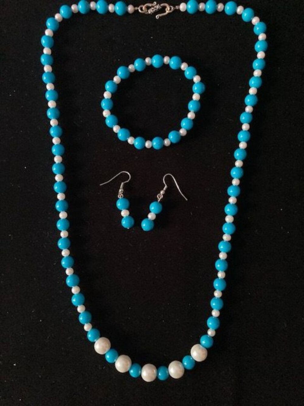 Blue and White Beaded Necklace, Bracelet and Earring Set